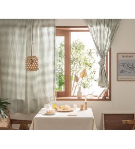 Mint Green Natural Linen Buffalo Check Curtains